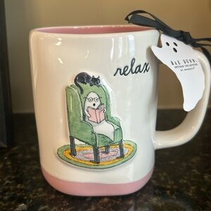 Rae Dunn Mug with Cat and Ghost Illustration